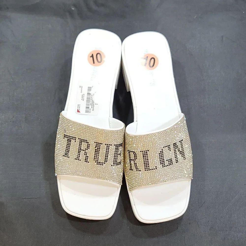 BRAND NEW TRUE RELIGION EMBELLISHMENTS BLOCK HEEL MULE  OPEN GLITTER SANDAL